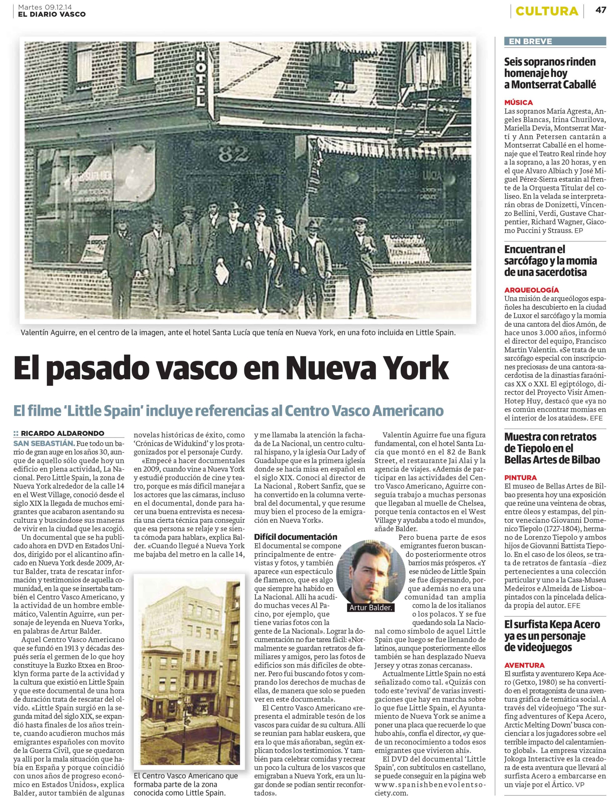 El pasado vasco en Nueva York — El Diario Vasco, 9 December 2014 — press coverage of the Little Spain documentary by Arthur Balder