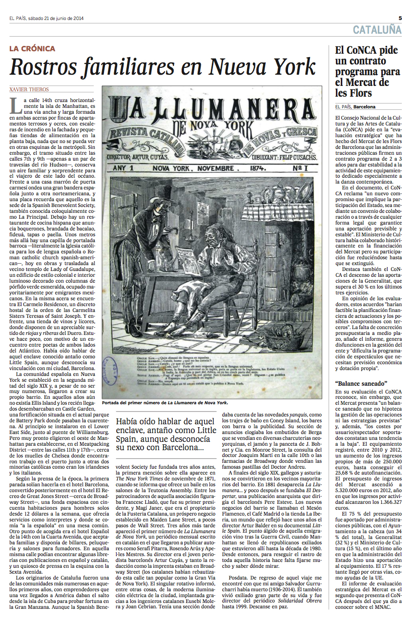 Rostros familiares en Nueva York — El País (Catalonia edition), 20 June 2014 — press coverage of the Little Spain documentary by Arthur Balder